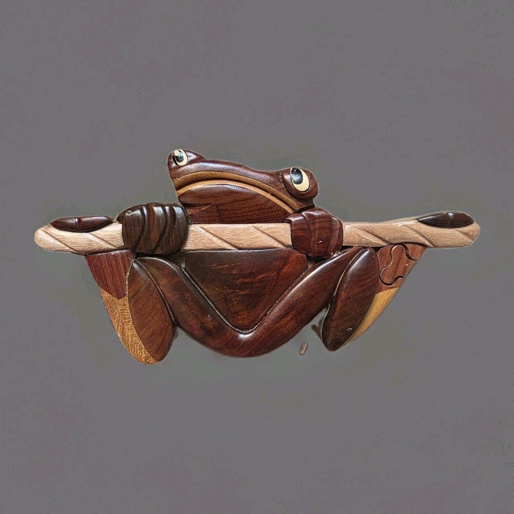 Vintage Wooden Frog Puzzle Box w Secret Compartment Trinket Box Handmade